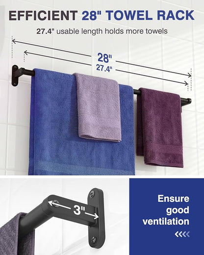 Powools Matte Black Towel Rack for Bathroom - 28" Rustproof Towel Holder, Sturdy Towel Bar Wall Mounted, Space-Saving Towel Hanger, Bathroom Accessories, Home Decor, Apparment Essentials