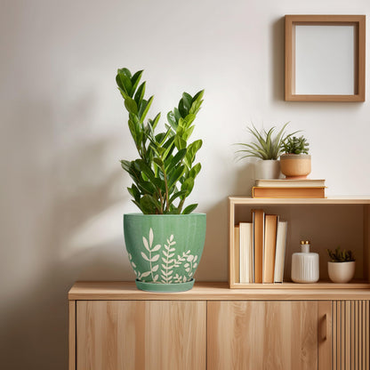 EPFamily 8 Inch Indoor Plant Pot with Drainage and Saucer - Ceramic Planter for Indoor Outdoor Plants, Decorative Flower Pot, Desk Home Office Garden Decor, Plant Lovers Gifts, Green