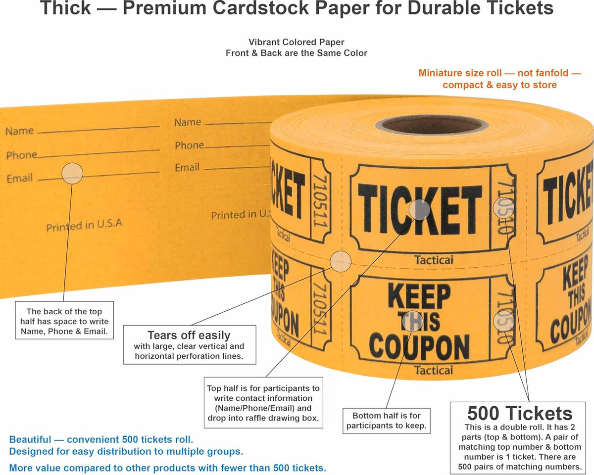 Tacticai 500 Raffle Tickets, Orange (1 of 8 Colors), Double Roll, Ticket for Events, Entry, Class Reward, Fundraiser & Prizes