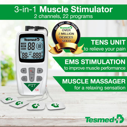 TESMED Fit 5.4: TENS Unit, EMS Muscle Stimulator & Muscle Massager (3-in-1), 22 Programs, 6 Customizable, Ideal for Pain Relief and Muscle Stimulation, 4 Electrodes