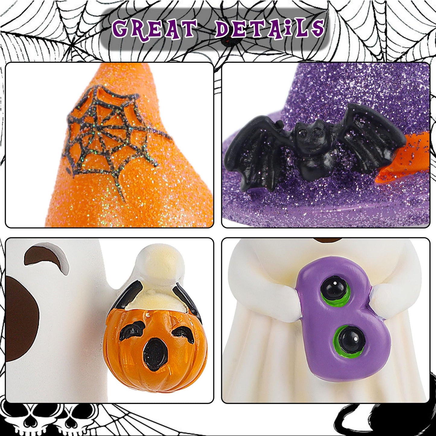 Lulu Home 3 Packs Halloween Tabletop Ornaments, 5.5" H Light Up Resin Ghosts Wearing Glittered Witch Hats, Boo Ghost Figurines for Indoor Fireplace Kitchen Shelf Holiday Decorations