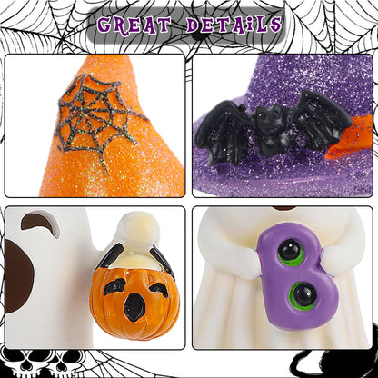 Lulu Home 3 Packs Halloween Tabletop Ornaments, 5.5" H Light Up Resin Ghosts Wearing Glittered Witch Hats, Boo Ghost Figurines for Indoor Fireplace Kitchen Shelf Holiday Decorations
