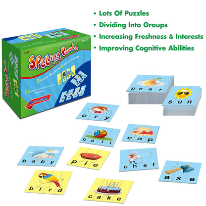 72 Word Spelling Puzzles with Error-Correction Mechanism in 3 and 4 Pieces, Perfect for Preschool Learning (36 Blocks Double Sided)