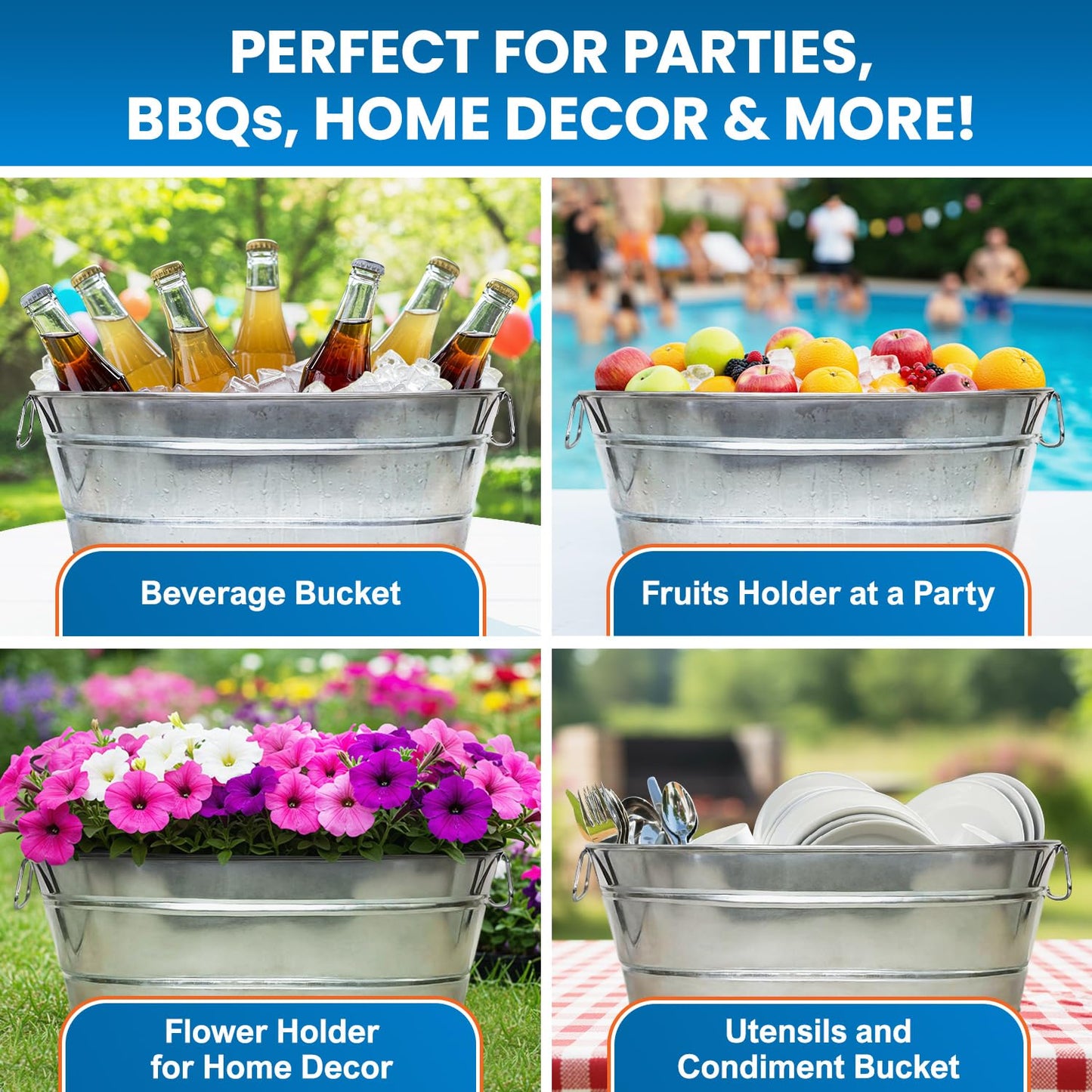 PLEXON Metal Ice Bucket for Parties - Galvanized Tub with Handles - Beverage Tub - Ice Bucket for Cocktail Bar Restaurant - Drink Beer Champagne Chiller Cooler - 5.3 Gallon (20L), Set of 2
