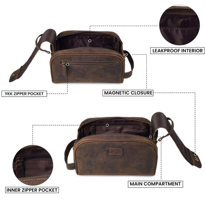 mds Genuine Leather Toiletry Bag for Men - Rustic Classic Vintage Handcrafted Full-Grain Leather Travel Dopp Kit with Waterproof Lining & Handle, Shaving & Grooming Kit Organizer Pouch - Rustic Brown