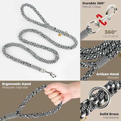 Tirevt Hand-Woven Dog Collar and Leash Set:Color-Block Design, Premium Reinforced Buckle, Adjustable Artisan Paracord for Puppies, Small, Medium & Large Dogs (Black, L)
