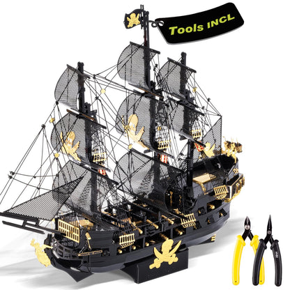 Piececool 3D Metal Puzzles for Adults, Black Pearl Pirate Ship Model Kits with DIY Tools, Watercraft Metal Model Building Kit for Birthday Christmas Gifts