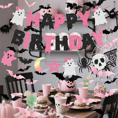 Halloween Happy Birthday Banner Garland 12in Pink Black Balloons Bat Sticker Set for Baby Shower Pink and Black Halloween Birthday Party Decorations