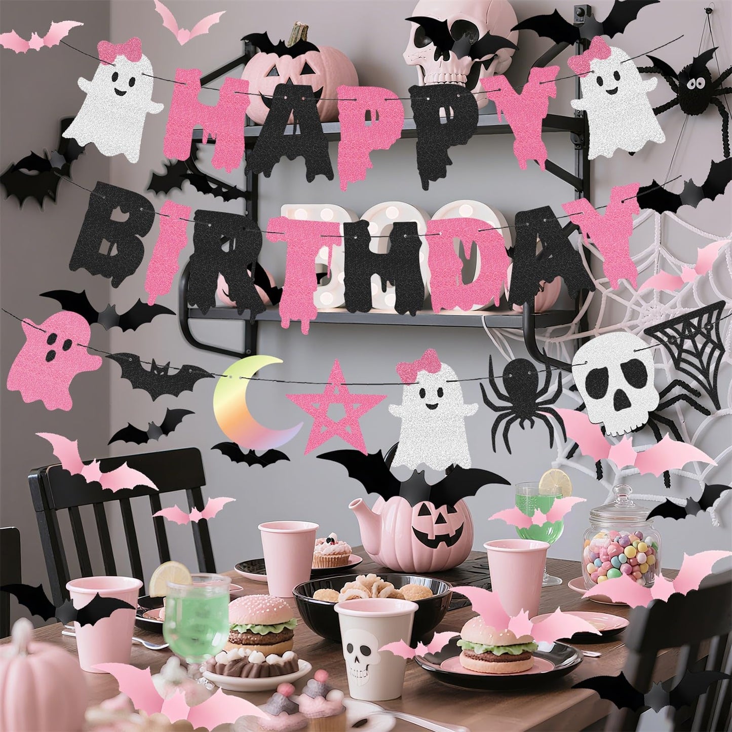Halloween Happy Birthday Banner Garland 12in Pink Black Balloons Bat Sticker Set for Baby Shower Pink and Black Halloween Birthday Party Decorations