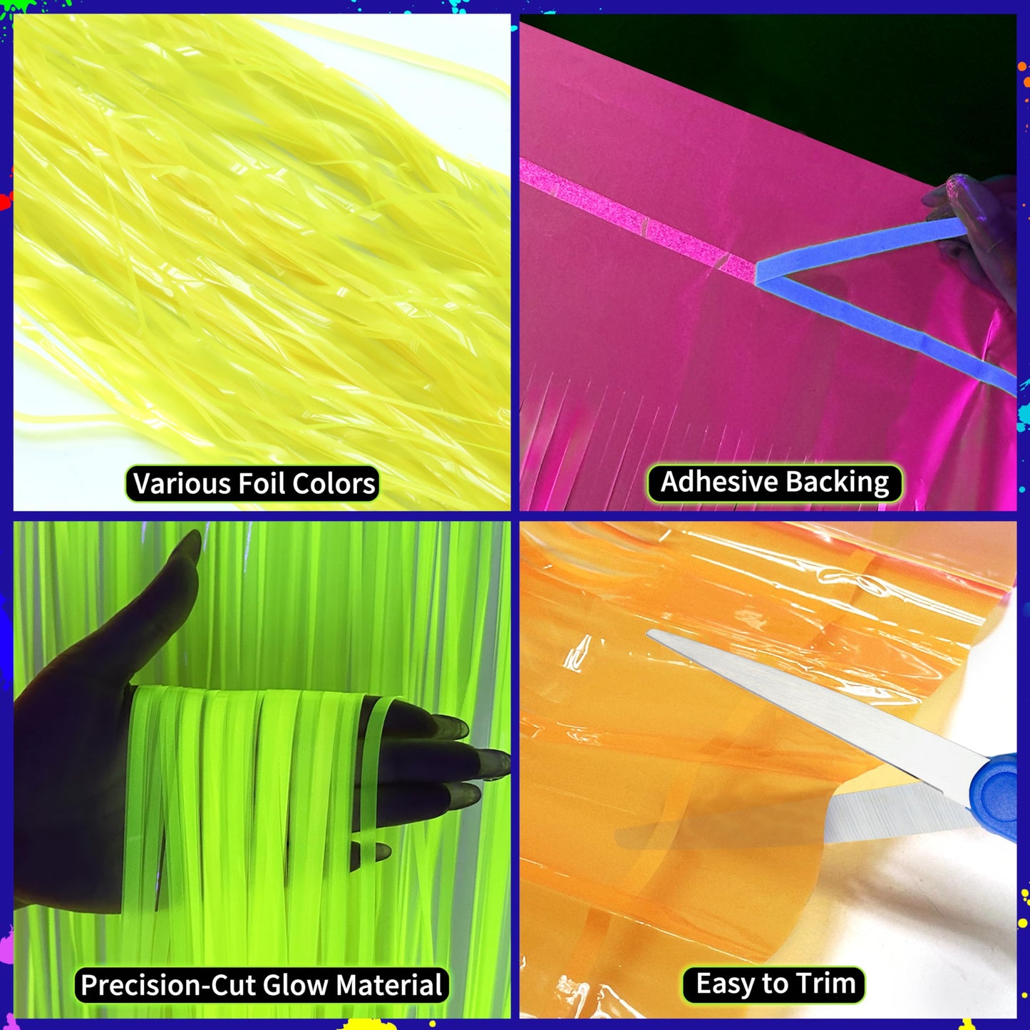 Glow in the Dark Party Supplies - 6Pack Neon Tinsel Fringe Table Skirts Party Decoration， 31.5"x118" UV Reactive & Fluorescent Neon Streamers for Birthday, Rave, Blacklight & Glow Event