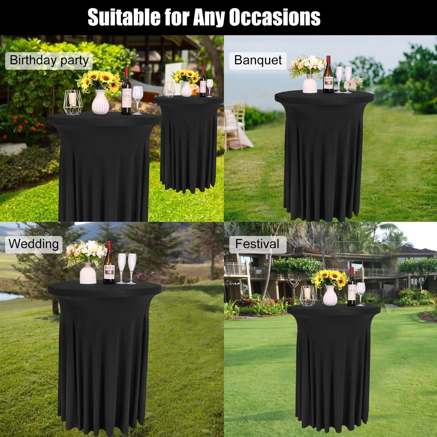 Spandex Cocktail Table Skirt 32"x 43" Black Stretch Cocktail Table Cover, Washable Round High Top Tablecloth for Bar, Wedding, Party, Events (Black)