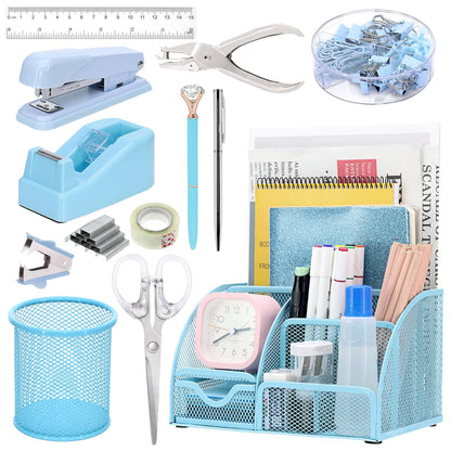 13-in-1 Office Desk Organizer Set with Stapler and Tape Dispenser, Pen Holder, Scissors, Ruler, Hole Punch, 2 Pens & More Desktop Accessories for Back to School Supplies (Blue)