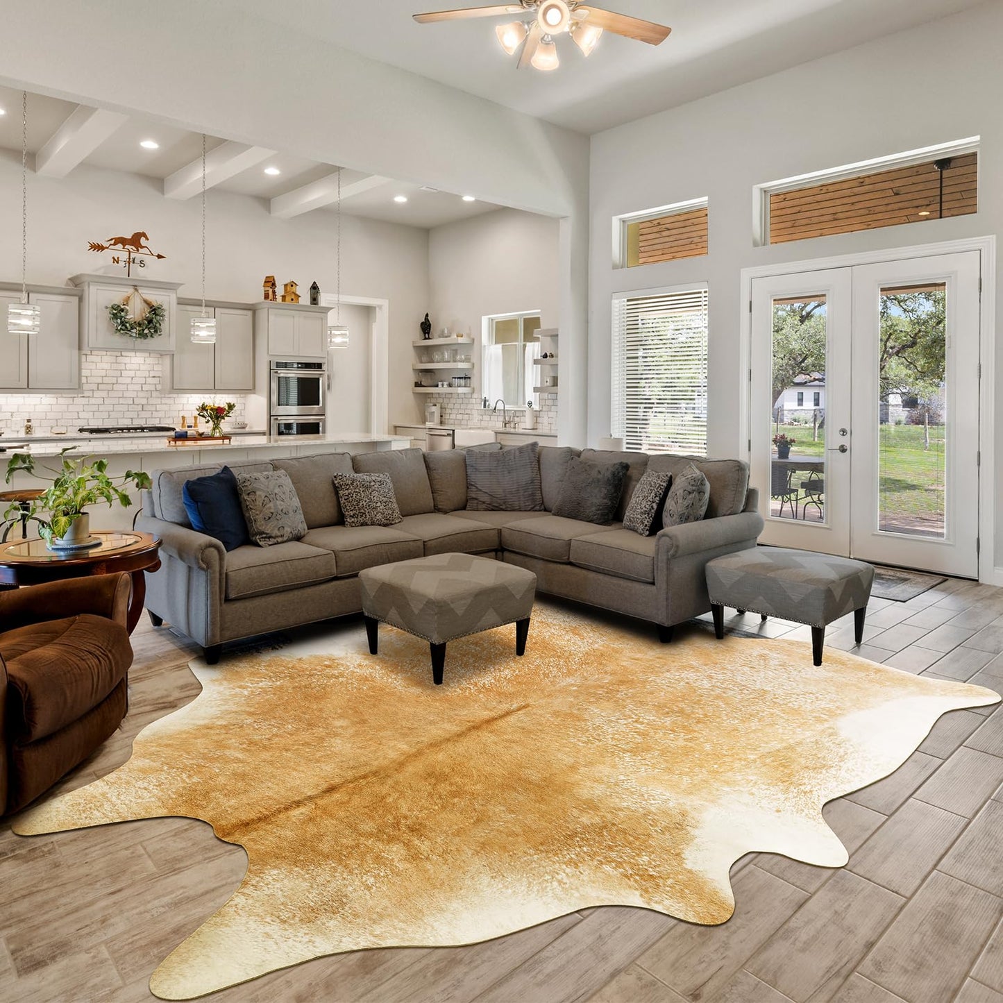 Rtizon Washable Cowhide Rug for Living Room, Large 6x7 Khaki Faux Cow Print Area Rugs, Non Slip Animal Skin Bedroom Carpet, Rustic Western Home Decor Fake Hide Floor Mat for Office Fireplace