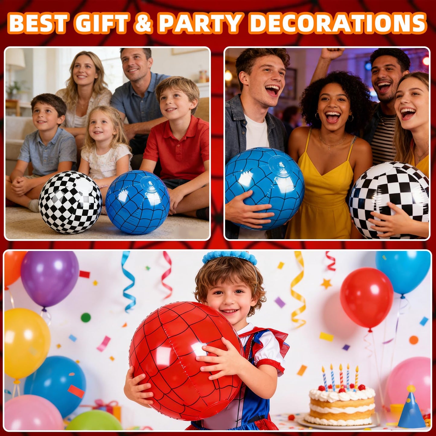 Plucktivize Inflatable Spider Beach Balls 12INS – Large Spider Web Design Balls for Kids Birthday Friends Party Decorations, Pool Games, Spider Gifts, Man and Women Celebration Supplies