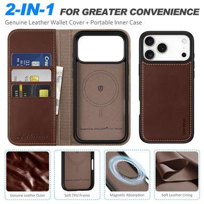 SHIELDON Detachable Leather Wallet Case for iPhone 17 Pro Max 6.9" 2025 | Wireless Charging, Removable Flip Magnetic Cover, RFID Blocking Credit Card Holder, Kickstand, Full Protection - Retro Coffee