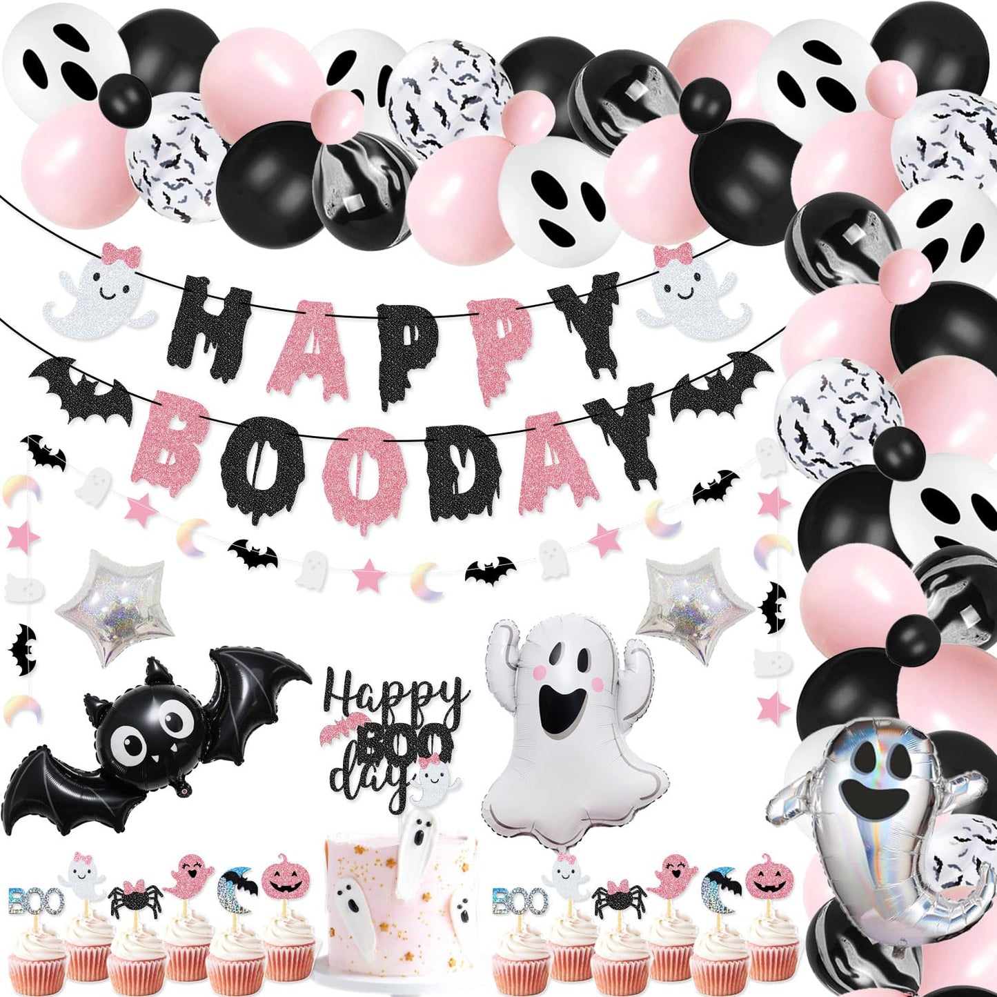 92 Packs Pink Black Halloween Birthday Party Kit Happy Boo Day Banner Cake Topper Ghost Cupcake Toppers Skeleton Bat Mylar Balloons for Pink and Black Halloween Birthday Party Decorations