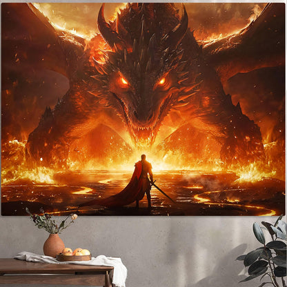 Spenlife Flaming Dragon Showdown Wall Tapestry, Fantasy Brave Warrior Tapestries for Room Decor, Intense Tapestry 60x44 Inch