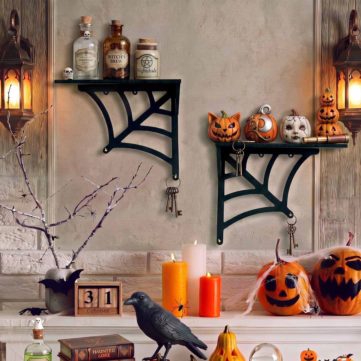 Glenmal 20 Inch Halloween Spider Web Shelf Hang Separately or Together, Goth Room Decor Wood Spooky Hanging Gothic Decor Black Wall Floating Shelves with Hooks for Halloween Bedroom Home Kitchen Party