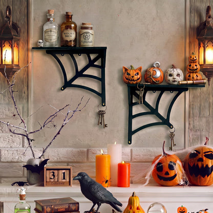 Glenmal 20 Inch Halloween Spider Web Shelf Hang Separately or Together, Goth Room Decor Wood Spooky Hanging Gothic Decor Black Wall Floating Shelves with Hooks for Halloween Bedroom Home Kitchen Party