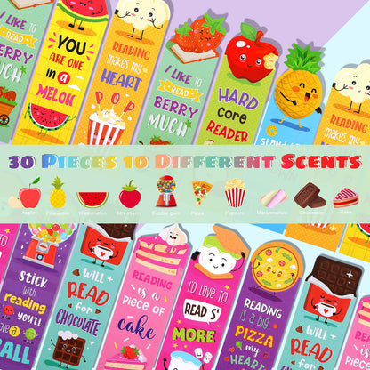 Eersida 120 Pieces Scratch and Sniff Scented Bookmarks Kids Fruit Food Theme Sayings Bookmarks Sayings Assorted Cute Scented Gifts for Students Teens Food Lovers, 10 Styles