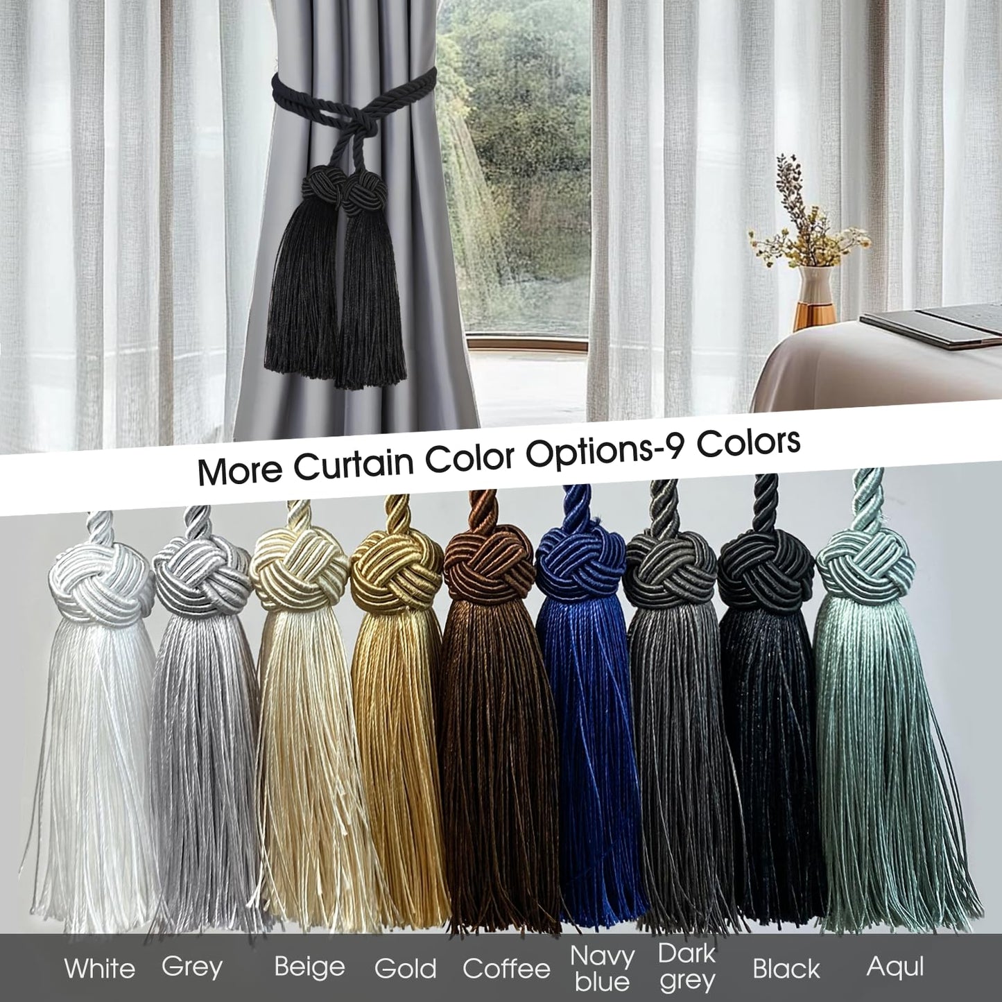 4 Pack Curtain Tassel Tiebacks, Curtains Tie Back Rope with Tassels, Handmade Decorative Curtain Holdbacks for Window Drapes - Black