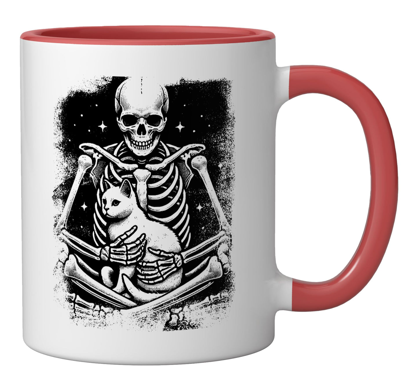 Skeleton Holding A Cat Lazy Halloween Costume Cat Lovers Ceramic Mug, Red/White