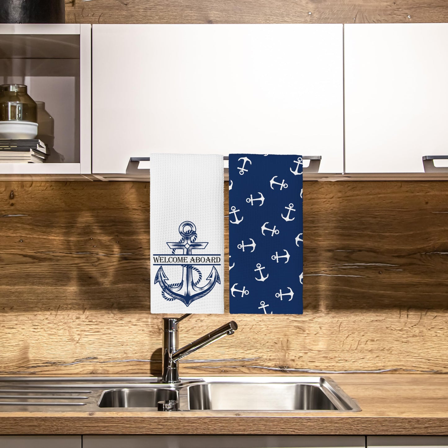 KGHYT Ocean Boat Kitchen Towels,Welcome Aboard Navy Blue Hand Towels Dish Towels for Boat Home Farmhouse Bathroom,16x24 Inches Set of 2.(042)