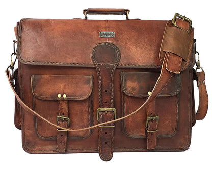 18" Messenger Laptop Briefcase Bag For Men With Vintage Leather Toiletry Dopp Kit