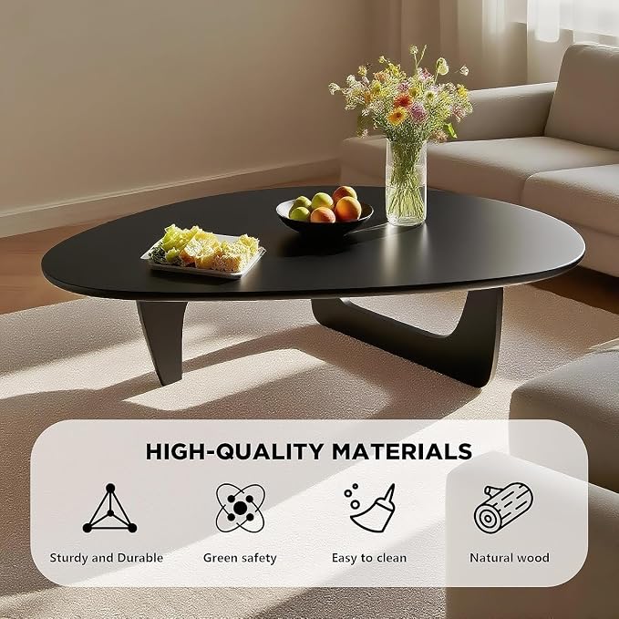 Solid Wood Triangle Coffee Table,Unique Mid Century Modern Oval Coffee Table,Irregular Geometric Tea Tables for Home Living Room with Wooden Tabletop and Reinforced Legs Black 50" L x 31" W x 16" H