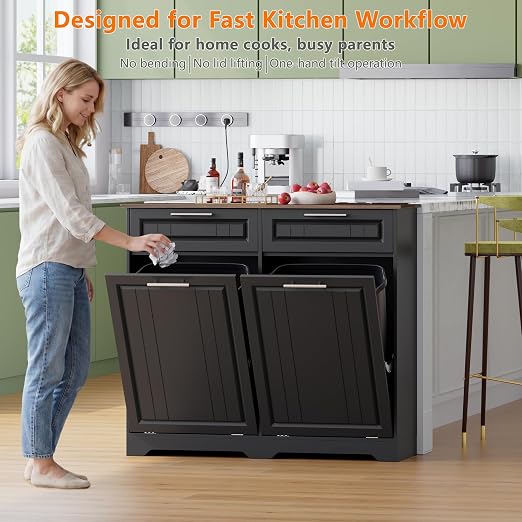 Double 10 Gallon Tilt Out Trash Can Cabinet with Deodorizing Function and Power Outlet, Wooden Hidden Garbage Can Holder with 2 Storage Drawers for Kitchen, Laundry Hamper Cabinet for Bathroom, Black