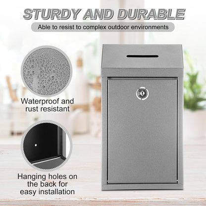 Metal Donation Cash Box Collection Safe Suggestion Box with Lock Wall Mounted Mailbox Delivery Ballot Container for Home Office Outdoor Door