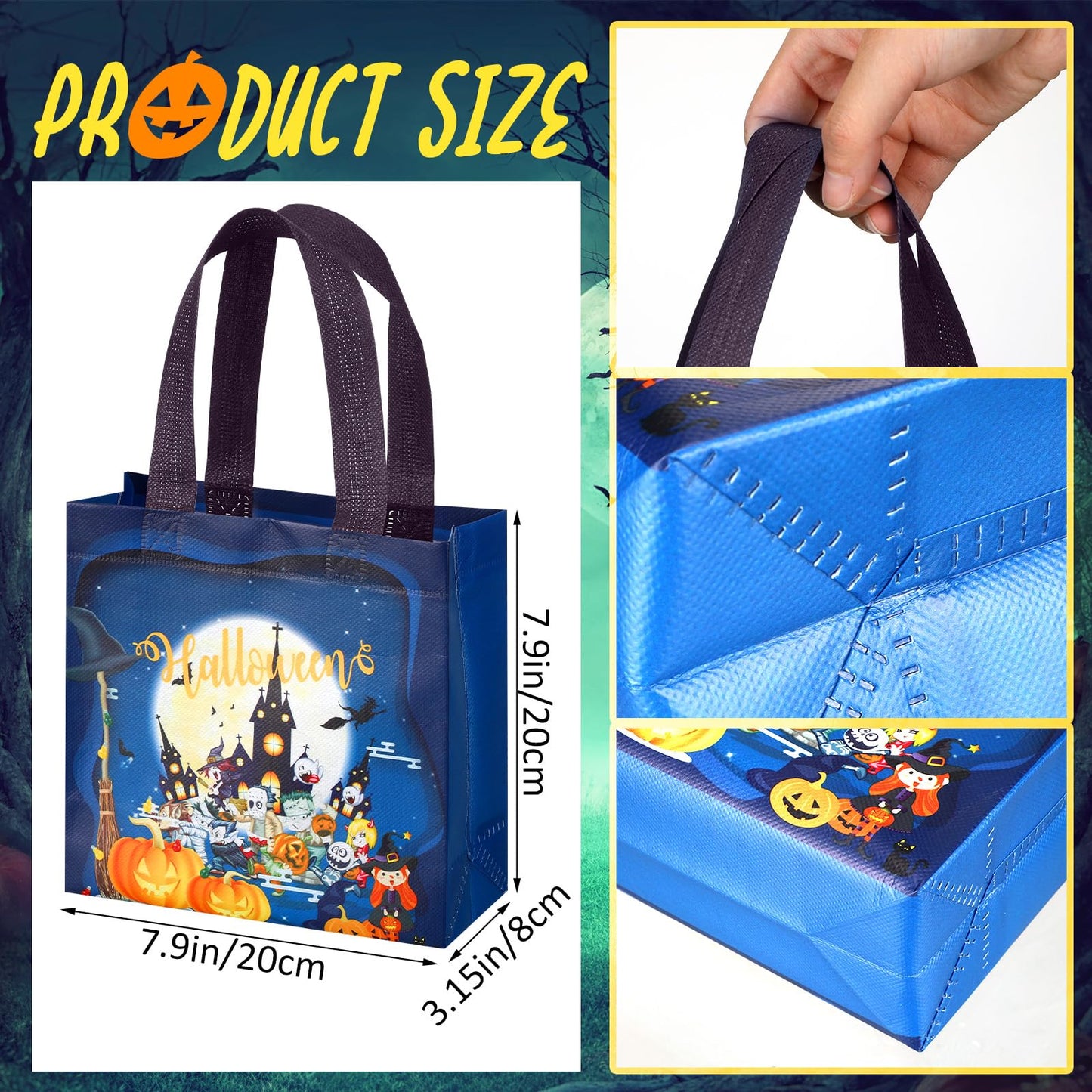 Sweetude 50 Pcs Halloween Bags Halloween Tote with Handles Non Woven Bags for Gifts Wrapping Party Supply, 7.9x7.9x3.15''(Creepy)