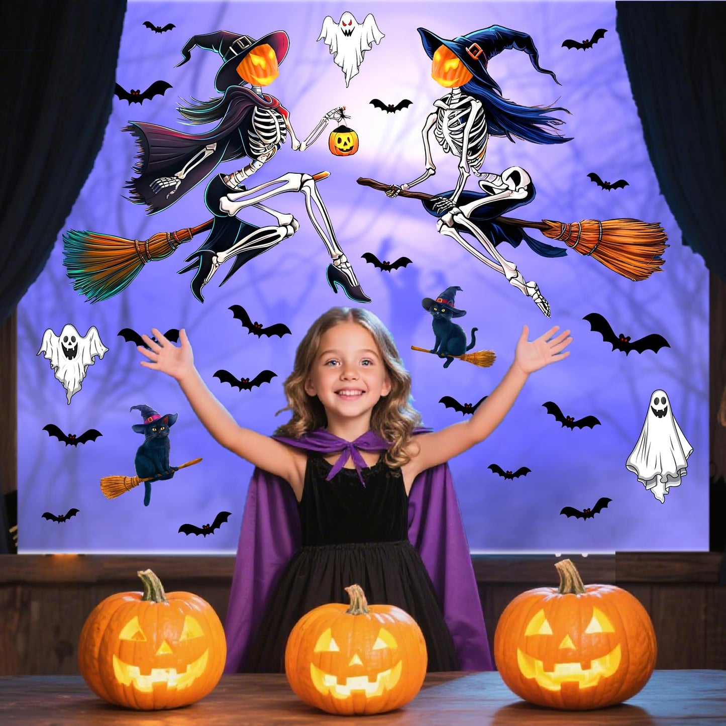 Halloween Window Decorations Decals Scary Skeleton Witches Window Stickers Double-Sided Bats Ghost Clings for Glass Removable Reusable Black Cat Static Decal for Indoor Outdoor Home Holiday Supplies
