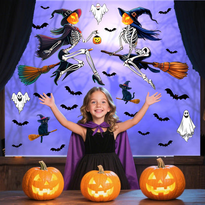 Halloween Window Decorations Decals Scary Skeleton Witches Window Stickers Double-Sided Bats Ghost Clings for Glass Removable Reusable Black Cat Static Decal for Indoor Outdoor Home Holiday Supplies
