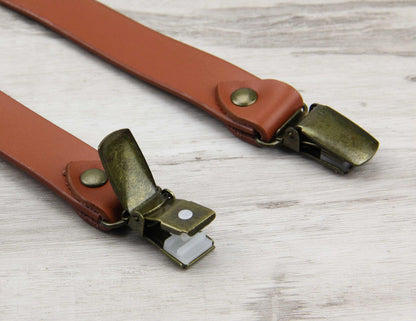 Entwineno Mens Leather Suspenders - Buckle Pattern Adjustable Braces - Wedding Groom (Cognac Brown, L Adult (5'10"~6'1"))