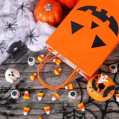 JarThenaAMCS 24Pcs Halloween Kraft Paper Bags with Handles Evil Pumpkin Gift Bags Orange Black Pumpkin Candy Goodie Bag for Birthday Trick or Treat Party Supplies