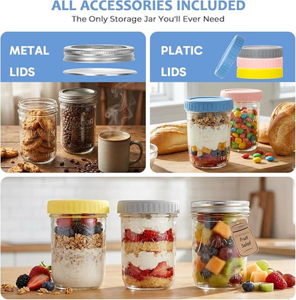 CycleMore 16oz 6 - Pack Wide Mouth Mason Jars with Airtight Lids & Colorful Lids, Glass Canning Jars with Measurement Marks, for Canning, Preserving, Overnight Oats, DIY Crafts