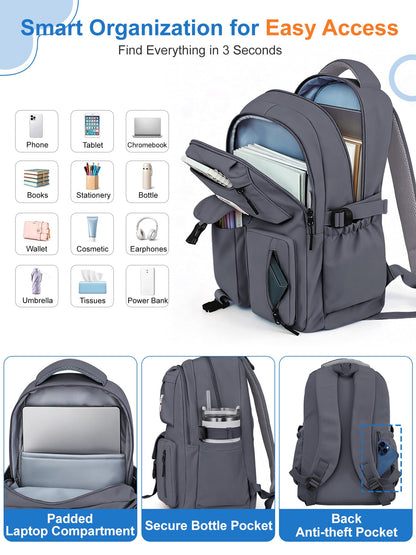 FIORETTO School Backpack for Teen Girls & Women with Compartment, Lightweight School Bag Bookbag with Multiple Pockets, Ideal for Middle High School, College, Travel, Dark Grey 25L