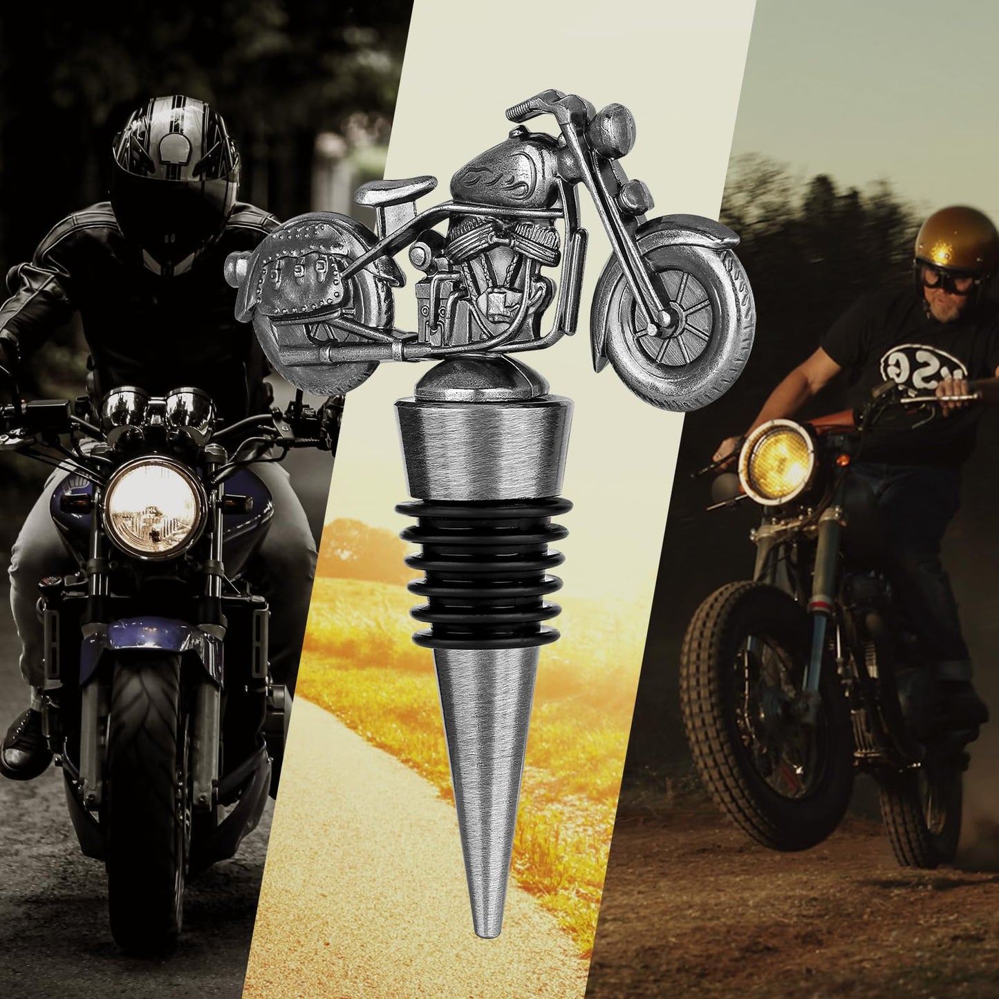 LKKCHER Motorcycle Wine Stopper, Motorbike Wine Gifts Father Day Gifts Christmas Gifts Birthday Gifts for Men Bikers, Bottle Stoppers for Wine Champagne, Dark Silver with Gift Box