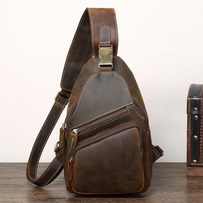 Vintage Full Grain Genuine Leather Sling Bag Men Women Crossbody Chest Shoulder Backpack Daypack Travel Hiking Deep Brown
