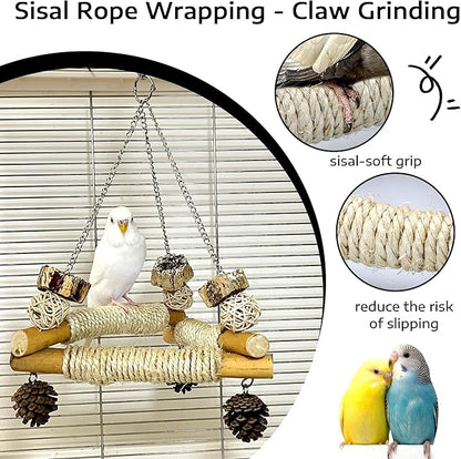 Bird Swing for Cage with Chew Toys, 3 Sisal-Wrapped Parrot Perches & Stable Triangle Design, Wooden Hanging Parakeet Toys Swing for Cockatiel Lovebirds Conures Quaker Balance Training (S)