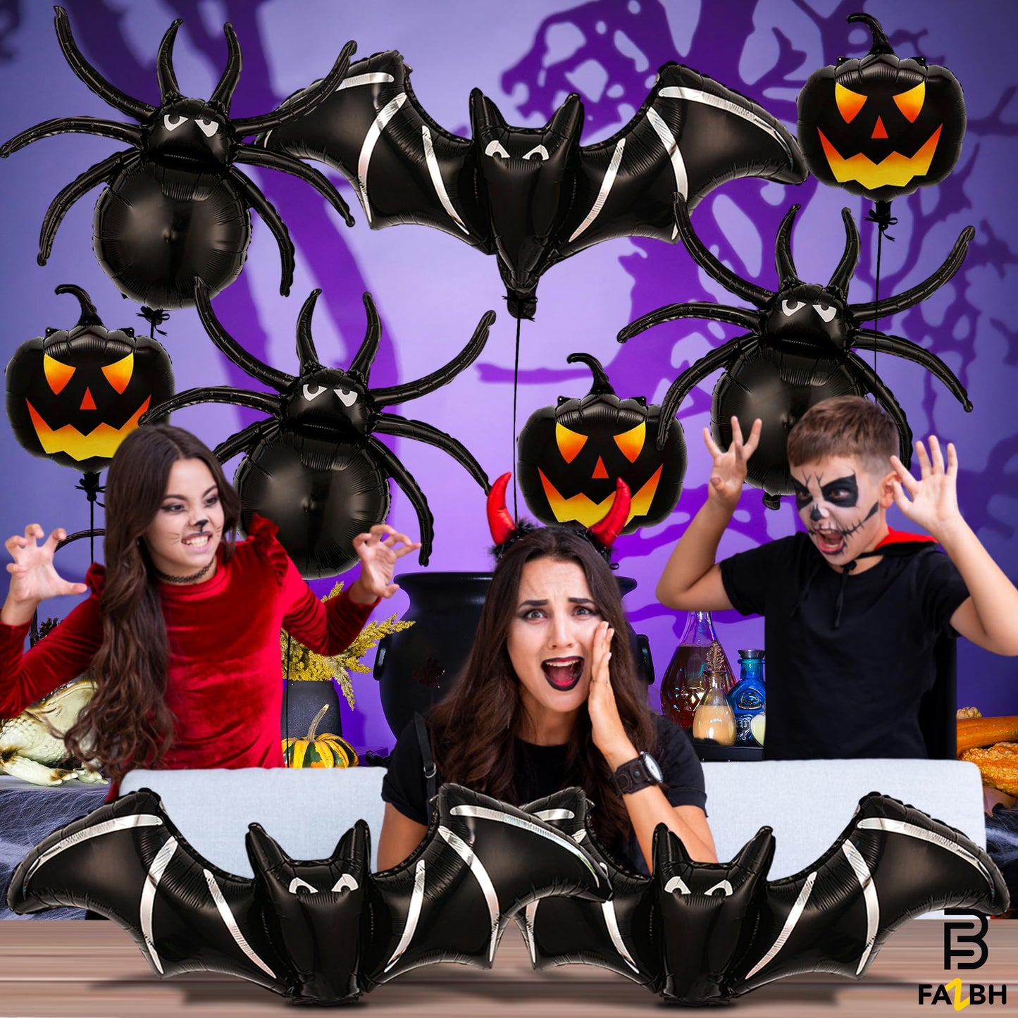 Halloween Balloons and Hanging Swirls - Pack of 64 | Giant 47 Inch Bat Balloons, Black Spider and Pumpkin Balloon | Spooky Halloween Party Decorations
