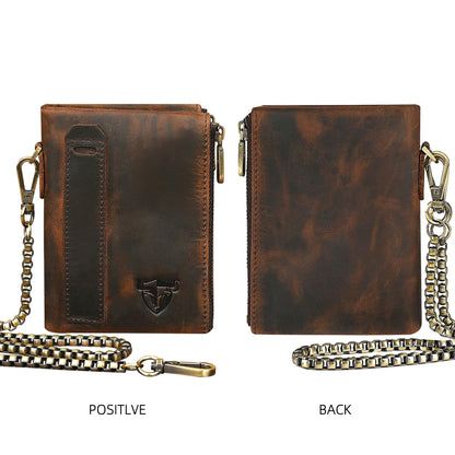Handadsume Oil Wax Genuine Leather Travel Gift Coin Pocket Card Case Vertical Chain Rfid Wallet Purse With Snap For Men Male 1802 (Brown)
