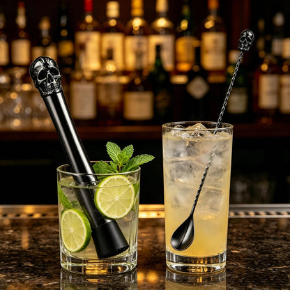 Homestia Black Skull Cocktail Muddler Set, Stainless Steel Bartender Tool Kit with Skull Muddler, Bar Spoon & Pick, Halloween Gothic Barware Gift Box & Cocktail Guide Set of 4