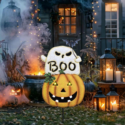 TERESA'S COLLECTIONS Metal Halloween Yard Stakes, Halloween Decorations for Outdoor with Ghost Pumpkins Solar Light, Stacked Jack-o-Lantern Garden Stakes Decor for Pathway Patio Party, 25"