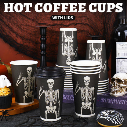 JarThenaAMCS 50Pcs Halloween Coffee Cups 16 Oz Smiling Skeleton Paper Cup with Lid Disposable Black Drinking Cups for Hot Cold Drink Trick or Treat Party Supplies