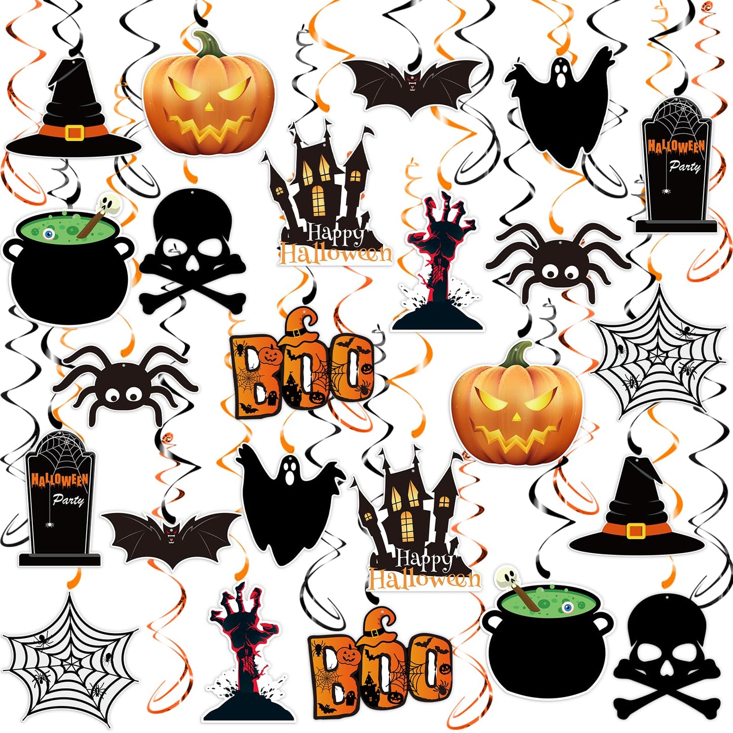 PartyGarden Halloween Hanging Swirl Decorations - 36 Pcs Hanging Spooky Ceiling Decor with Ghost, Pumpkin, Skull for Home, Office, Party