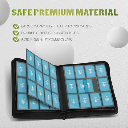 12 Pockets Trading Card Zipper Binder for 720 Cards| Secure Side Loading Pockets | Trading Card Album Folder | Compatible with YuGiOh, MTG (Dark Green 12)