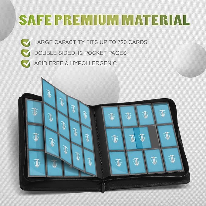 12 Pockets Trading Card Zipper Binder for 720 Cards| Secure Side Loading Pockets | Trading Card Album Folder | Compatible with YuGiOh, MTG(Black 12)