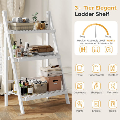 oakvivo Bamboo Bookshelf 3-Tier Ladder Shelf, 39.4” Freestanding Open Bookcase Book Shelf Bathroom Storage Shelf Unit Plant Stand for Small Space, Living Room, Bedroom, Home Office, White